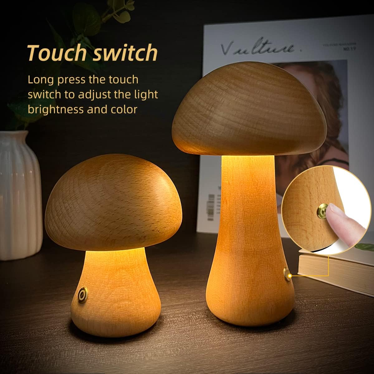 NoriGlow | Wooden Mushroom LED Night Lamp With Touch Control | Dufsel