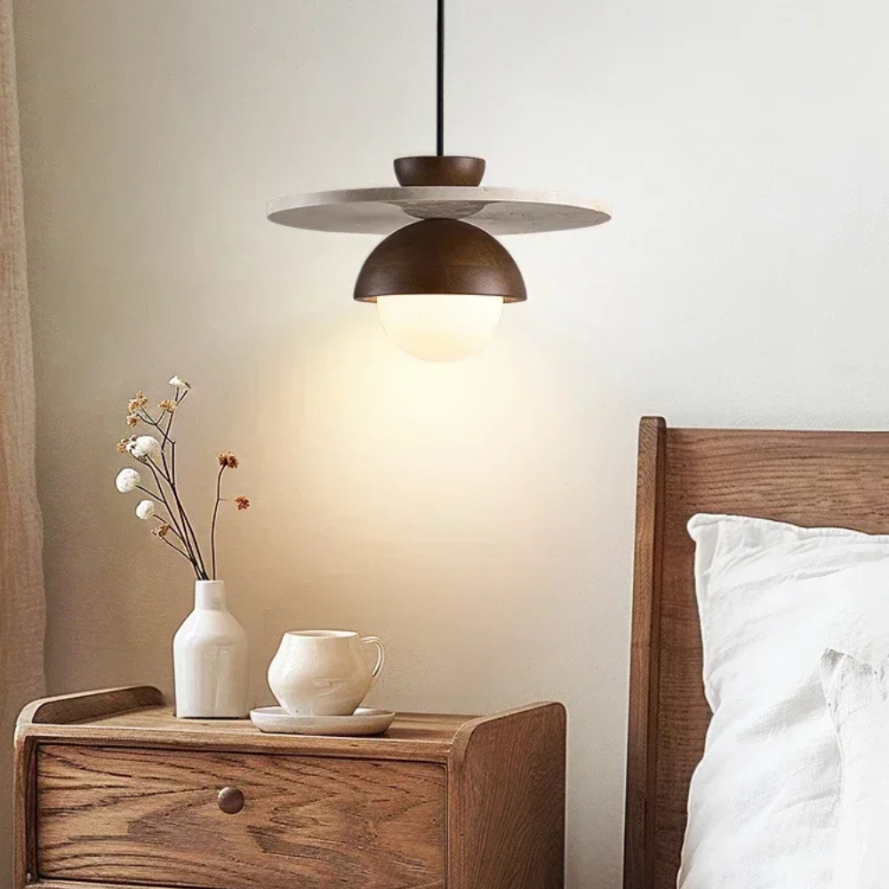 Low Profile Terrazzo Pendant Light in Walnut Wood, Modern Japandi Style | Dufsel