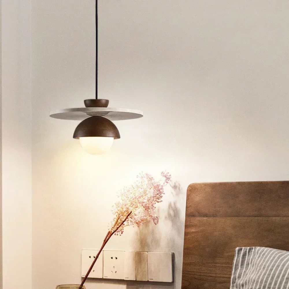 Low Profile Terrazzo Pendant Light in Walnut Wood, Modern Japandi Style | Dufsel