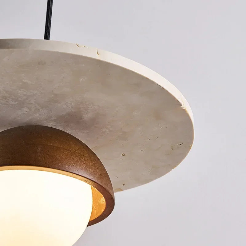 Low Profile Terrazzo Pendant Light in Walnut Wood, Modern Japandi Style | Dufsel