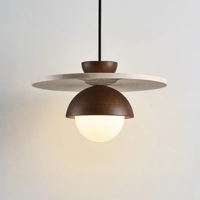 Low Profile Terrazzo Pendant Light in Walnut Wood, Modern Japandi Style | Dufsel